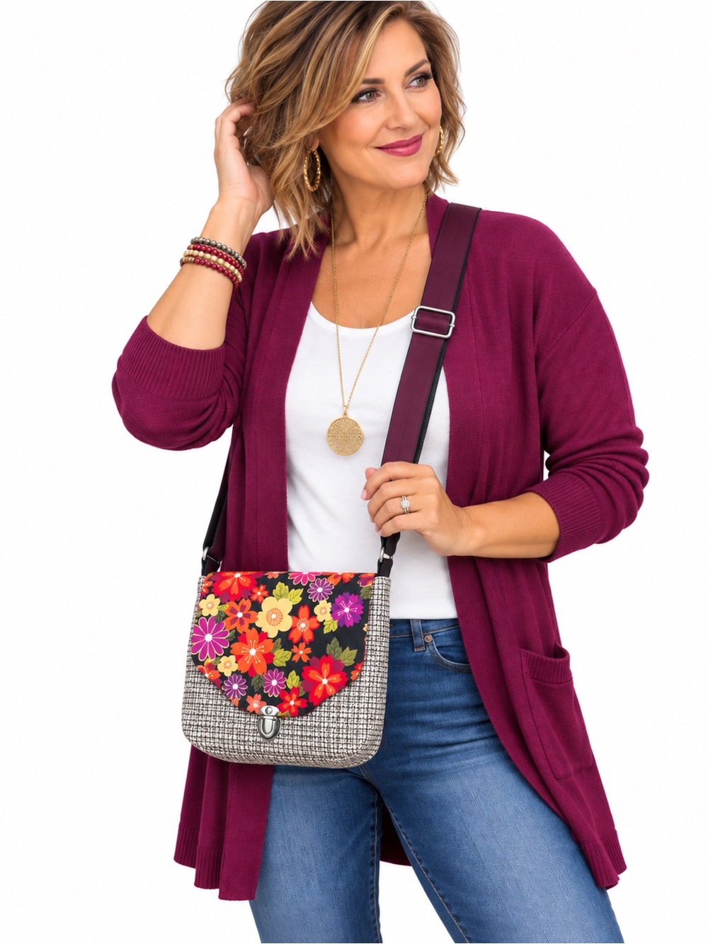NEW Handmade Bag Small Floral Crossbody Bag Black Cream Red Adjustable Strap